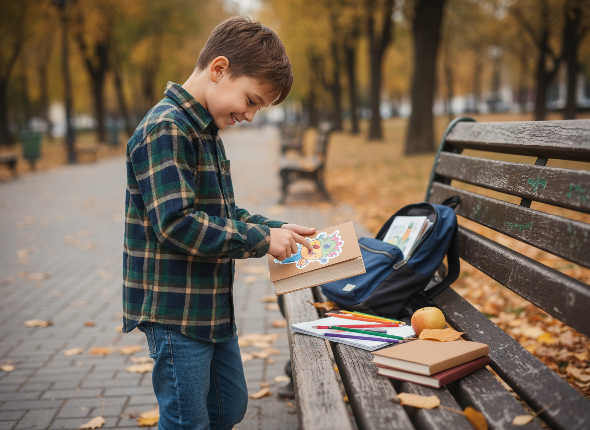 Garçon appliquant un sticker sur un livre dans un parc