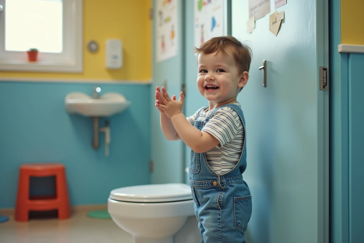 Garçon de trois ans utilisant les toilettes avec fierté