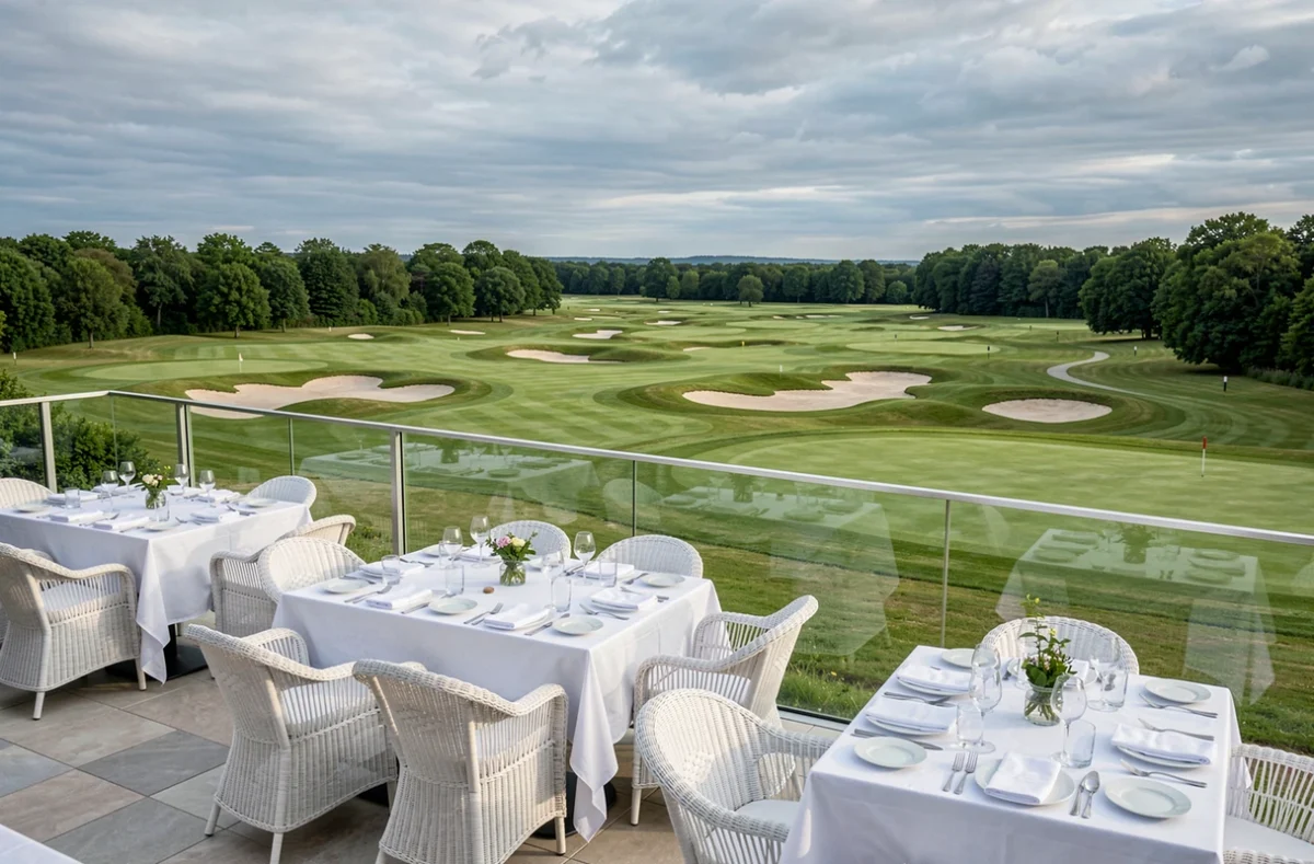 Terrasse du Golf de Marivaux en Essonne avec vue panoramique sur le parcours et tables dressées pour une réception