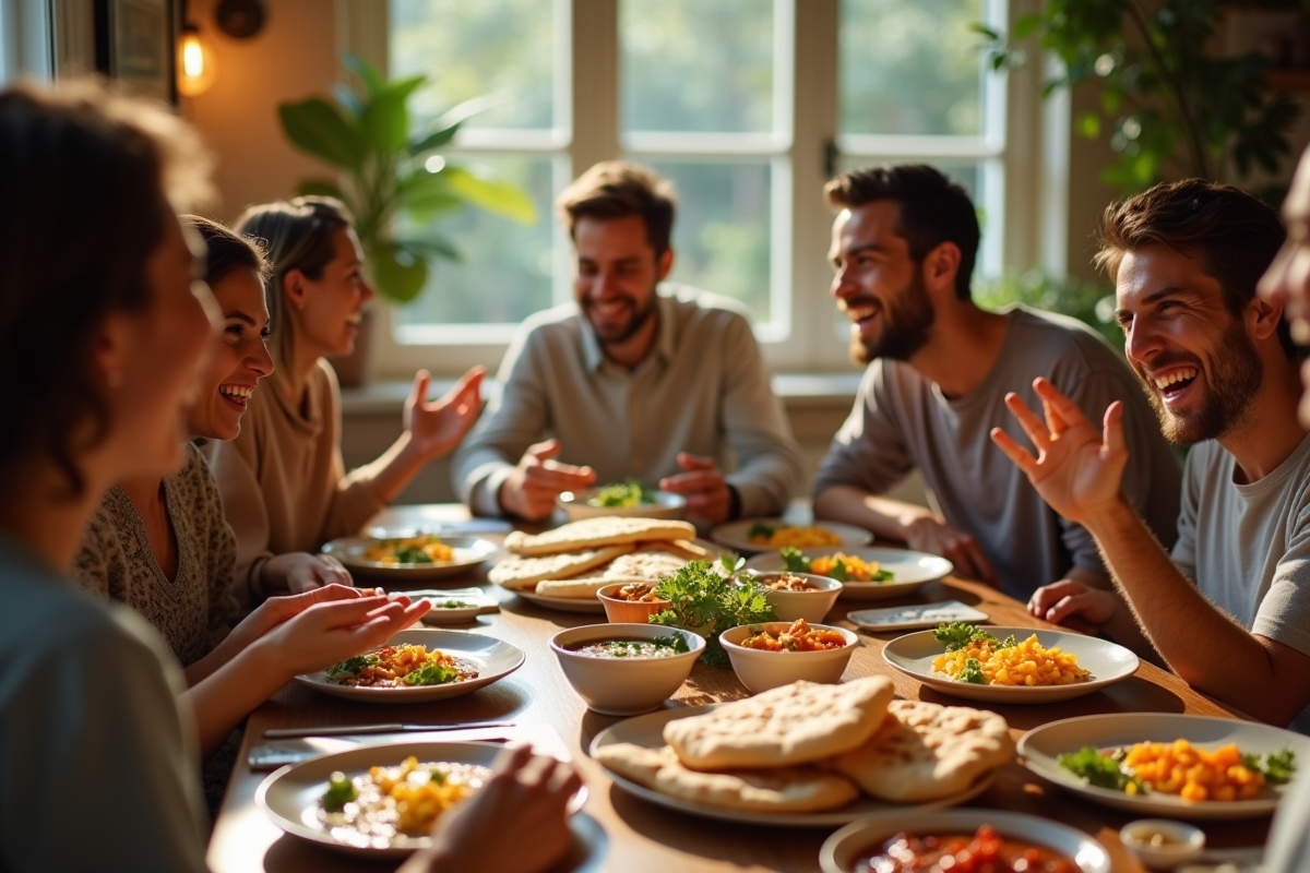 Groupe d'amis riant autour d'un dîner de naans et dips