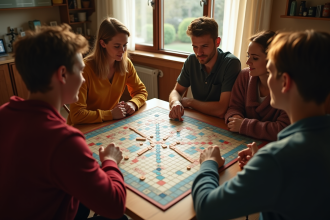 Groupe d'amis jouant au Scrabble autour d'une table en bois