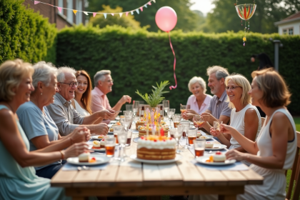 Groupe d'adultes souriants lors d'une fête dans un jardin