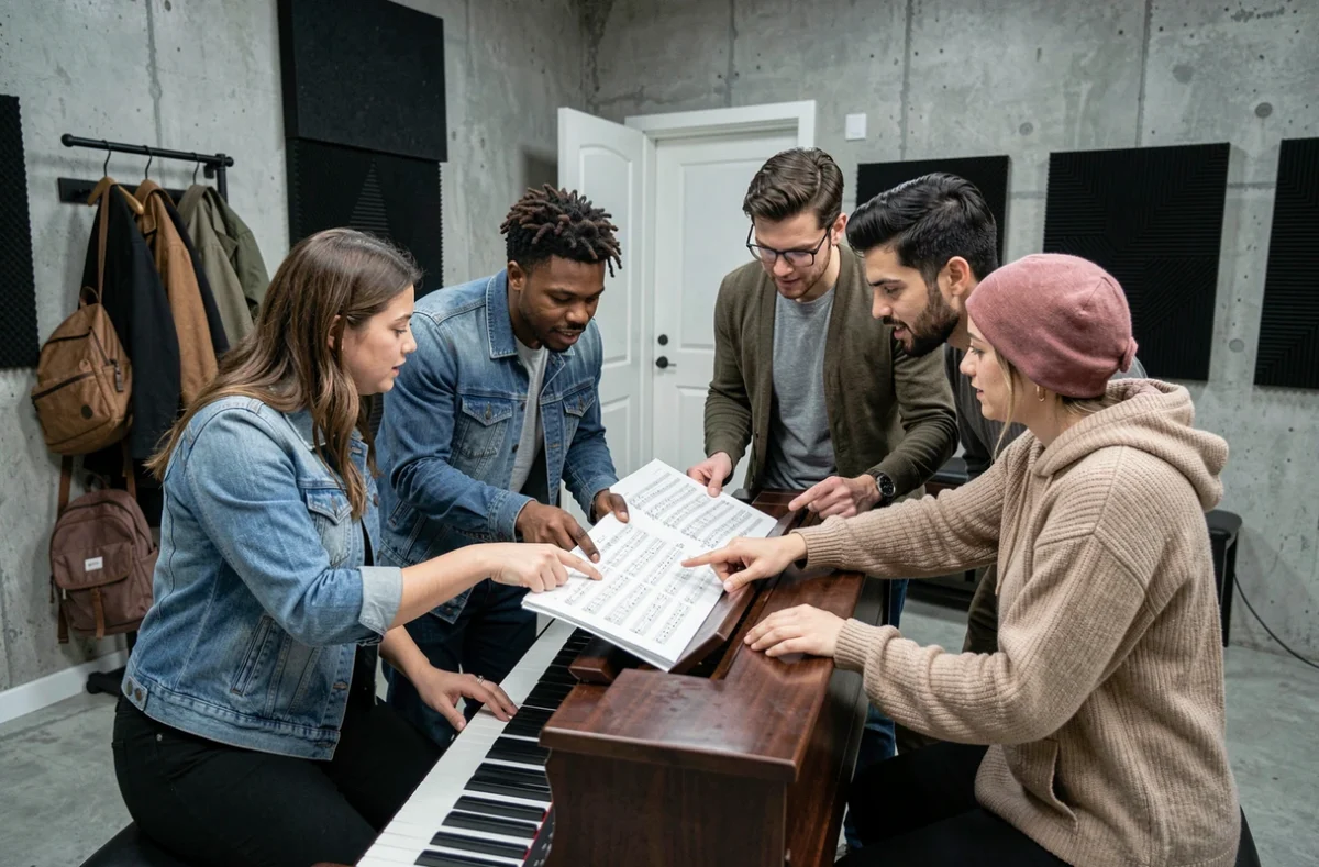 Groupe de chanteurs comparant différentes versions et traductions de Bella Ciao autour d'un piano