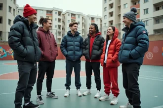 Groupe de jeunes en streetwear sur un terrain de basket urbain