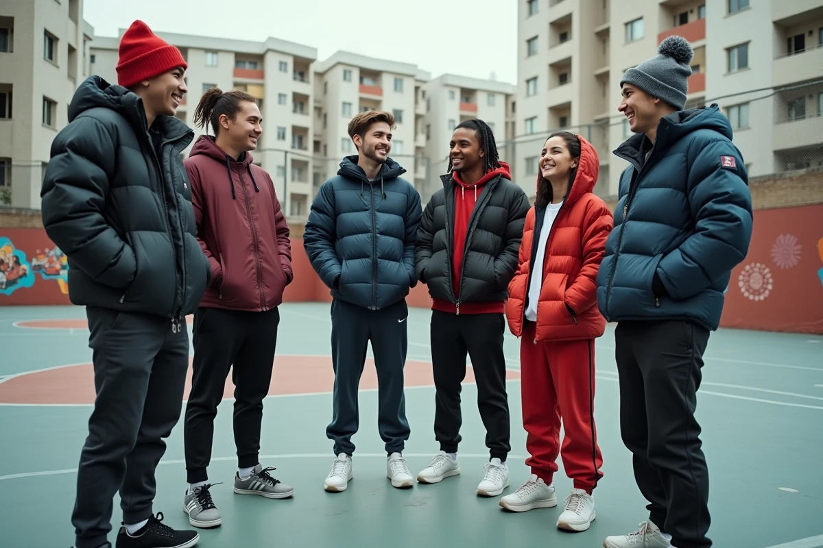 Groupe de jeunes en streetwear sur un terrain de basket urbain
