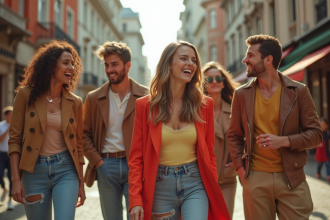 Groupe de jeunes adultes souriants dans une rue urbaine ensoleillée