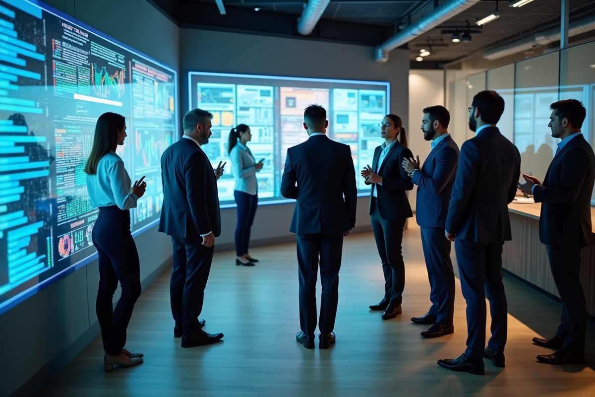 Groupe de professionnels collaborant sur un mur digital