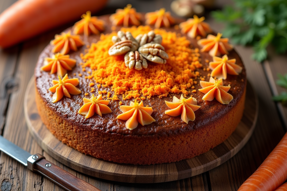 Gâteau à la carotte fait maison avec noix sur table en bois