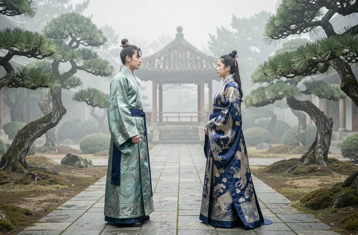 Héros et impératrice en costumes impériaux face à face dans un jardin de palais brumeux, tension dramatique entre les deux personnages principaux