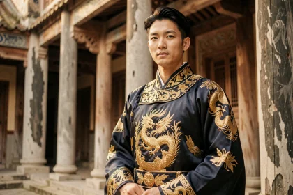 Héros en robe impériale chinoise traditionnelle brodée or et marine dans une cour de palais ancienne, regard assuré et posture dominante