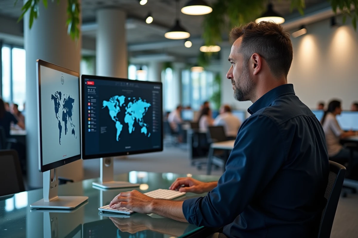 Homme consultant l'heure exacte à Sydney sur un double écran d'ordinateur dans un bureau moderne avec horloge mondiale