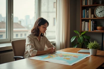 Femme consultant une carte des fuseaux horaires mondiaux avec une horloge murale affichant l'heure de Sydney en arrière-plan