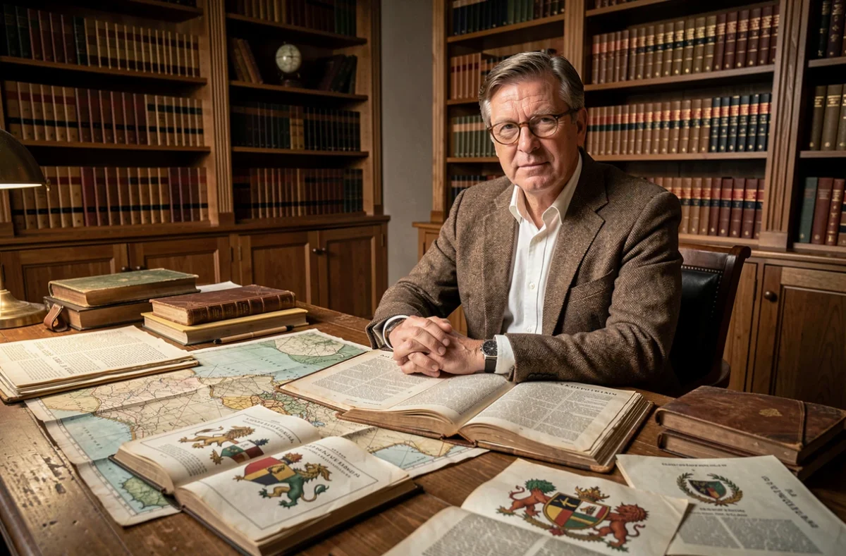 Historien en veste de tweed étudiant des cartes anciennes et livres d'héraldique sur l'origine du drapeau belge dans une salle d'archives