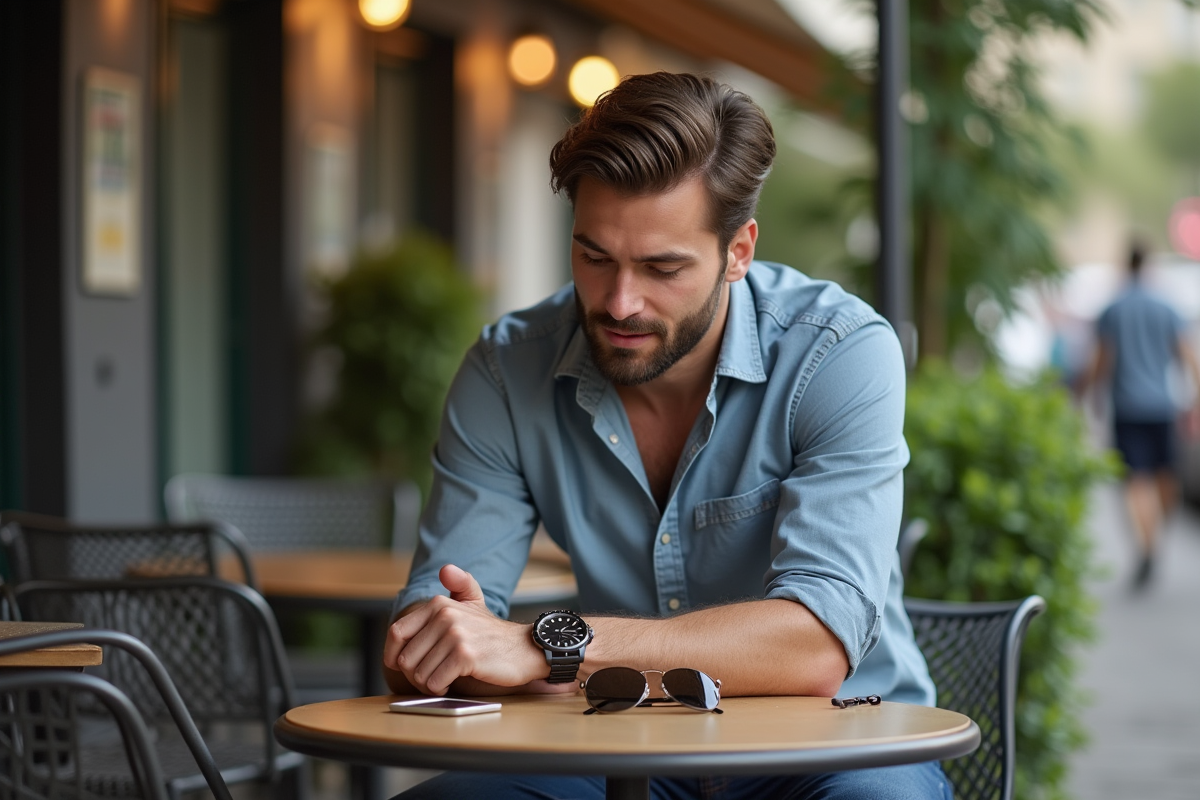 Homme arrangeant ses accessoires sur une table de café