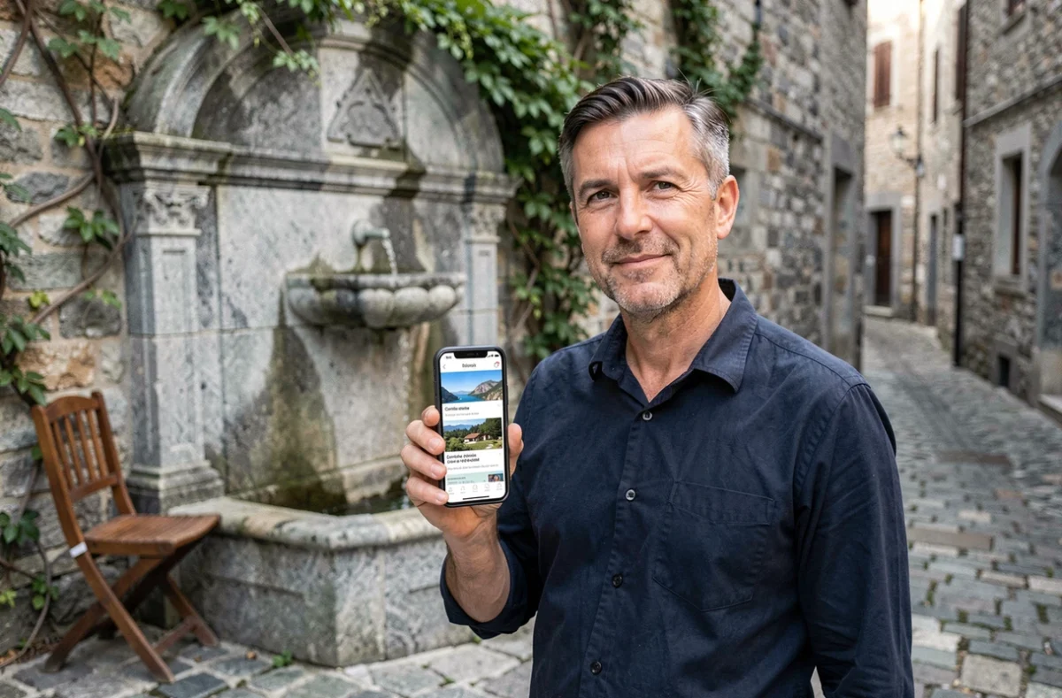 Homme consultant des actualités corses sur smartphone devant une fontaine en granit dans un village typique de Corse