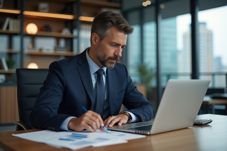 Homme d'affaires en costume bleu analyse des graphiques financiers