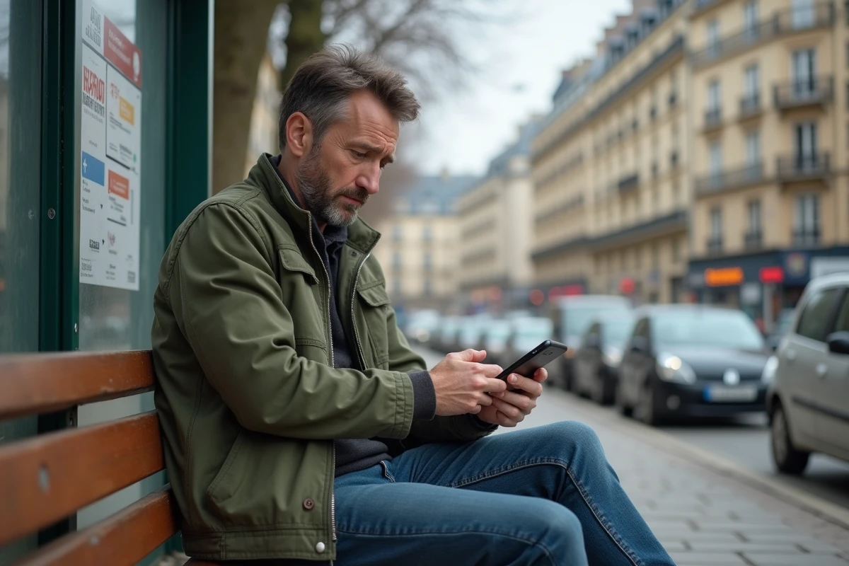 Homme à un arrêt de bus parisien face à une erreur de l'application Urbanratp sur son téléphone