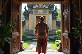 Homme indonesien en batik devant le palais d'ubud