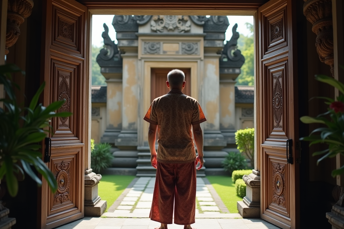 Homme indonesien en batik devant le palais d'ubud