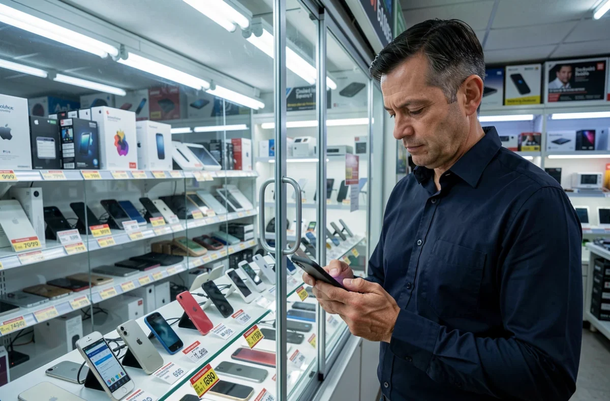 Homme dans une boutique de reconditionnement cherchant un iPhone 1 à petit prix