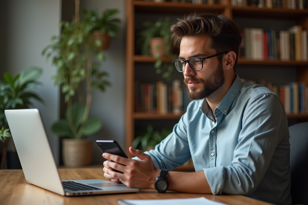 Jeune homme en casual au bureau à domicile