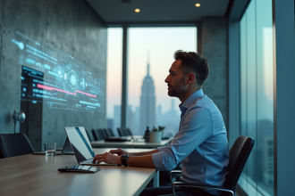 Homme d'âge moyen dans un bureau moderne avec projections holographiques
