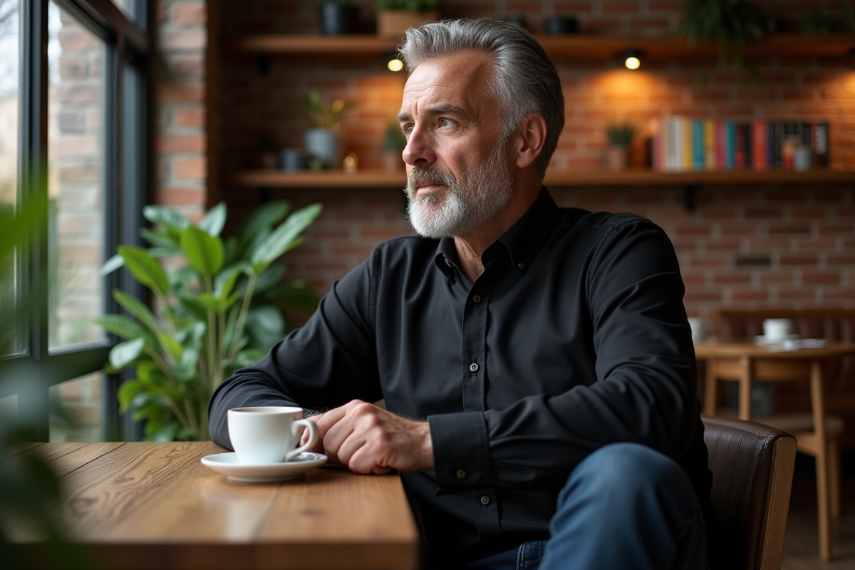 Homme pensif buvant un café dans un café cosy