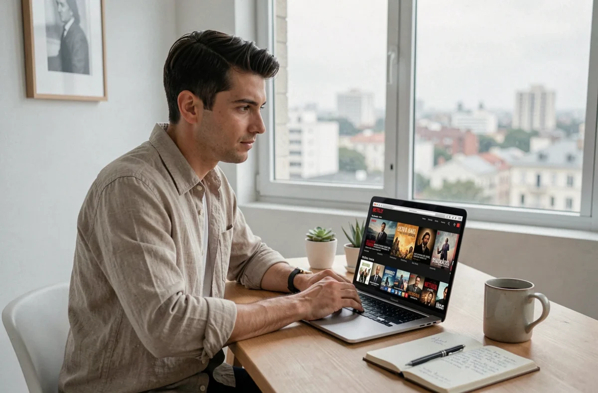 Homme consultant le catalogue Netflix de séries espagnoles sur son ordinateur portable dans un bureau minimaliste