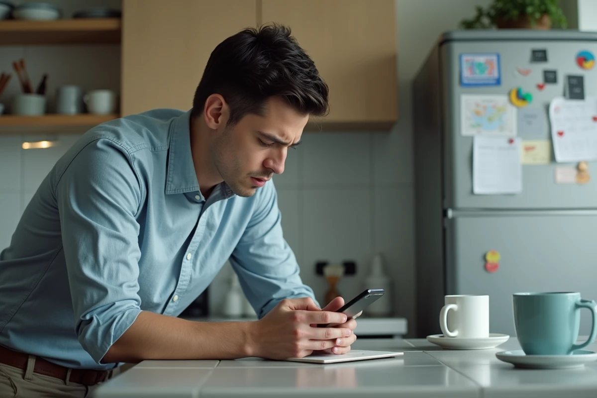 Homme dans la cuisine utilisant son smartphone avec concentration