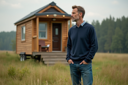 Homme debout devant une tiny house en pleine nature