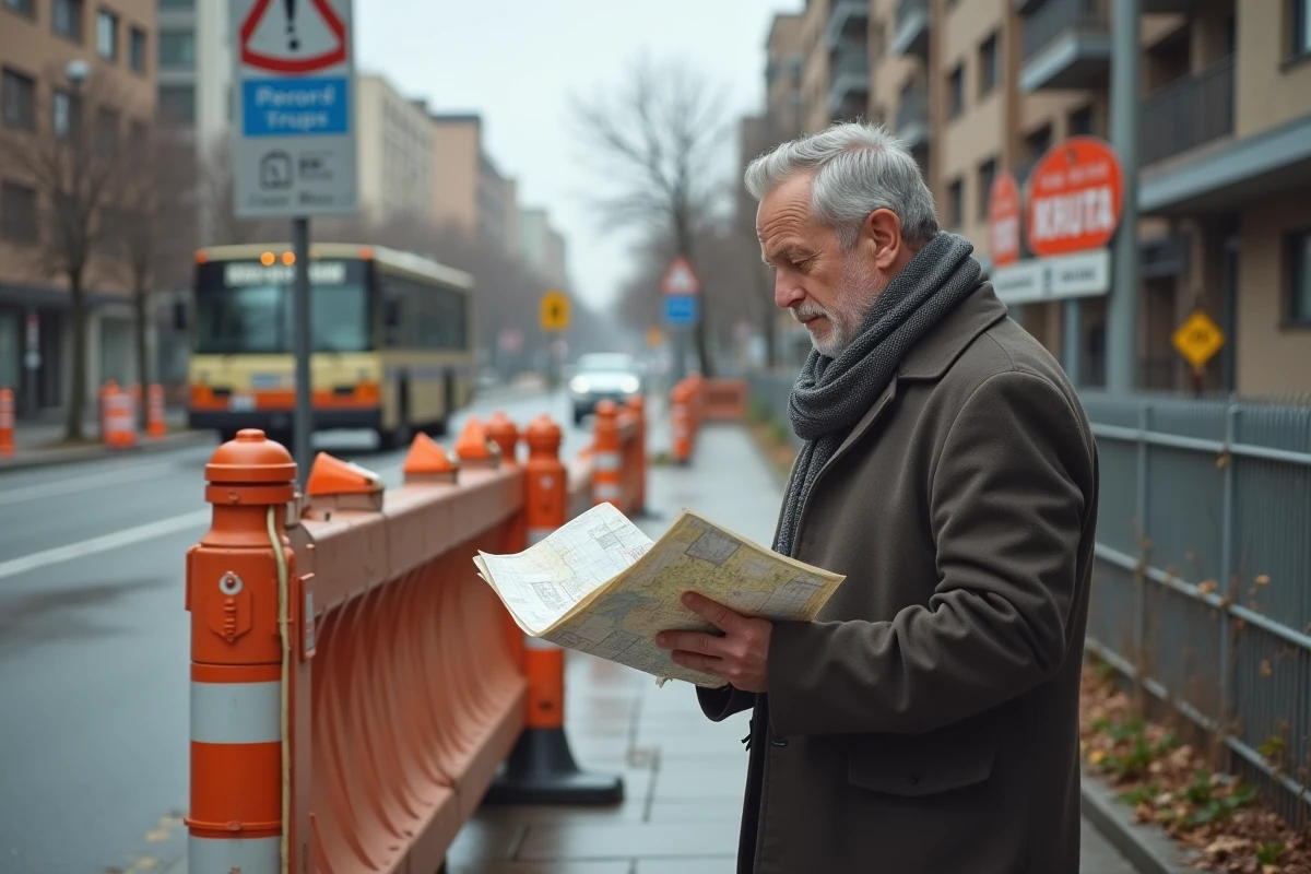 Homme lisant un panneau de déviation près d’un chantier urbain