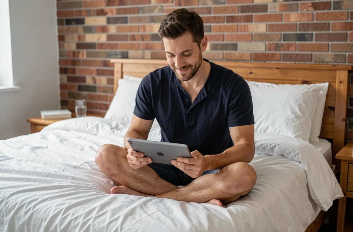 Homme souriant lisant un ebook romance sur tablette Android assis en tailleur sur un lit dans une chambre moderne avec mur en brique