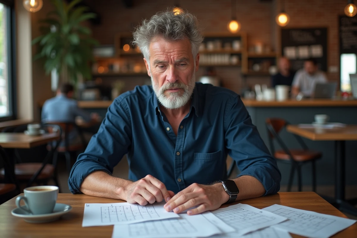 Homme analysant une énigme logique complexe dans un café, stimulation cognitive et entraînement du cerveau