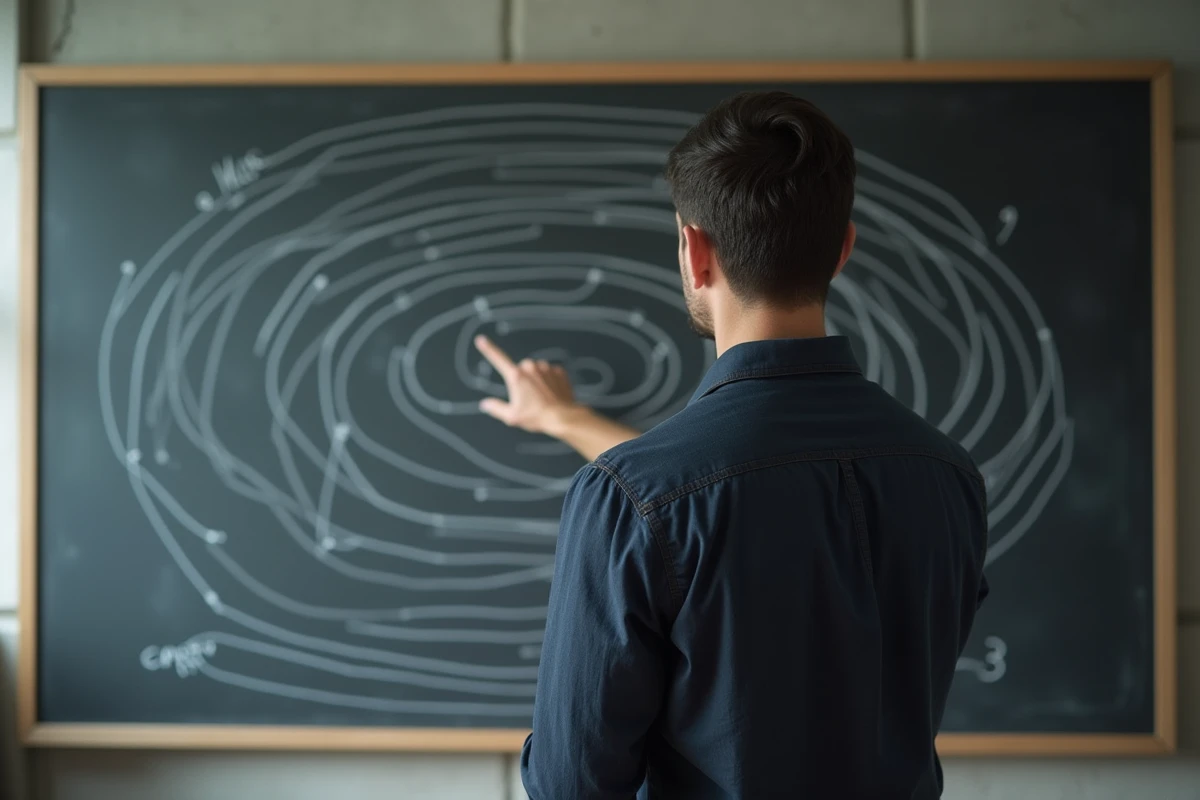 Homme expliquant le plan du labyrinthe du Minotaure devant un tableau dessiné à la craie lors d'une présentation orale