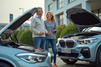 Un couple souriant devant deux voitures modernes dans un parking