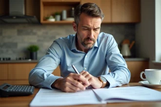 Homme d'âge moyen examinant des documents fiscaux à la maison