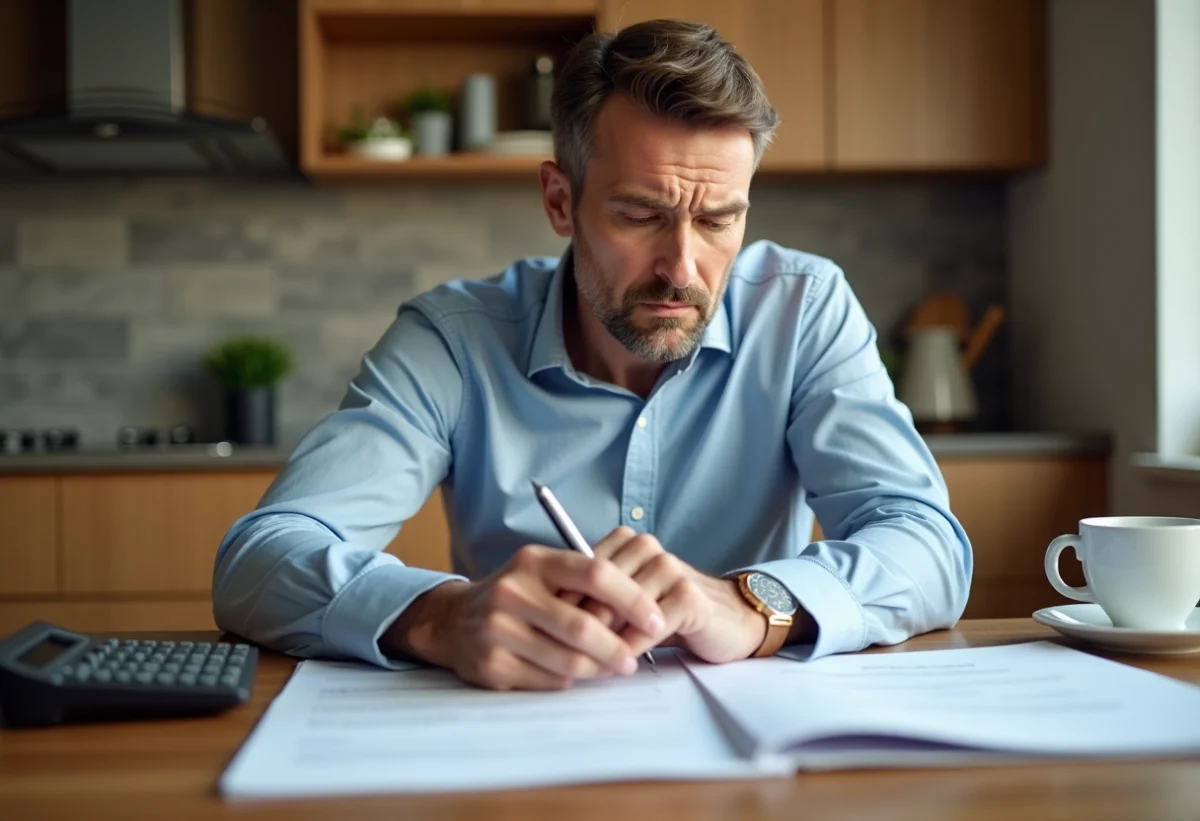 Homme d'âge moyen examinant des documents fiscaux à la maison