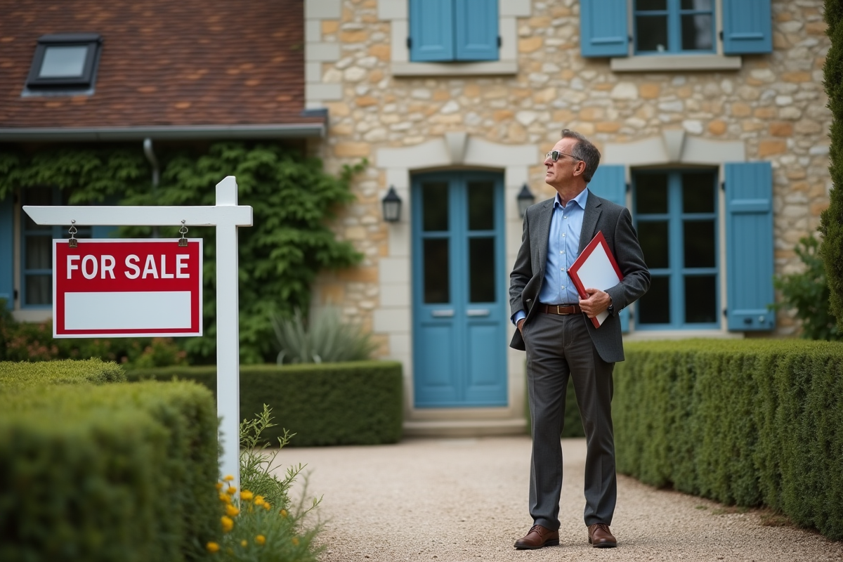Homme français regardant une maison en campagne avec panneau vente