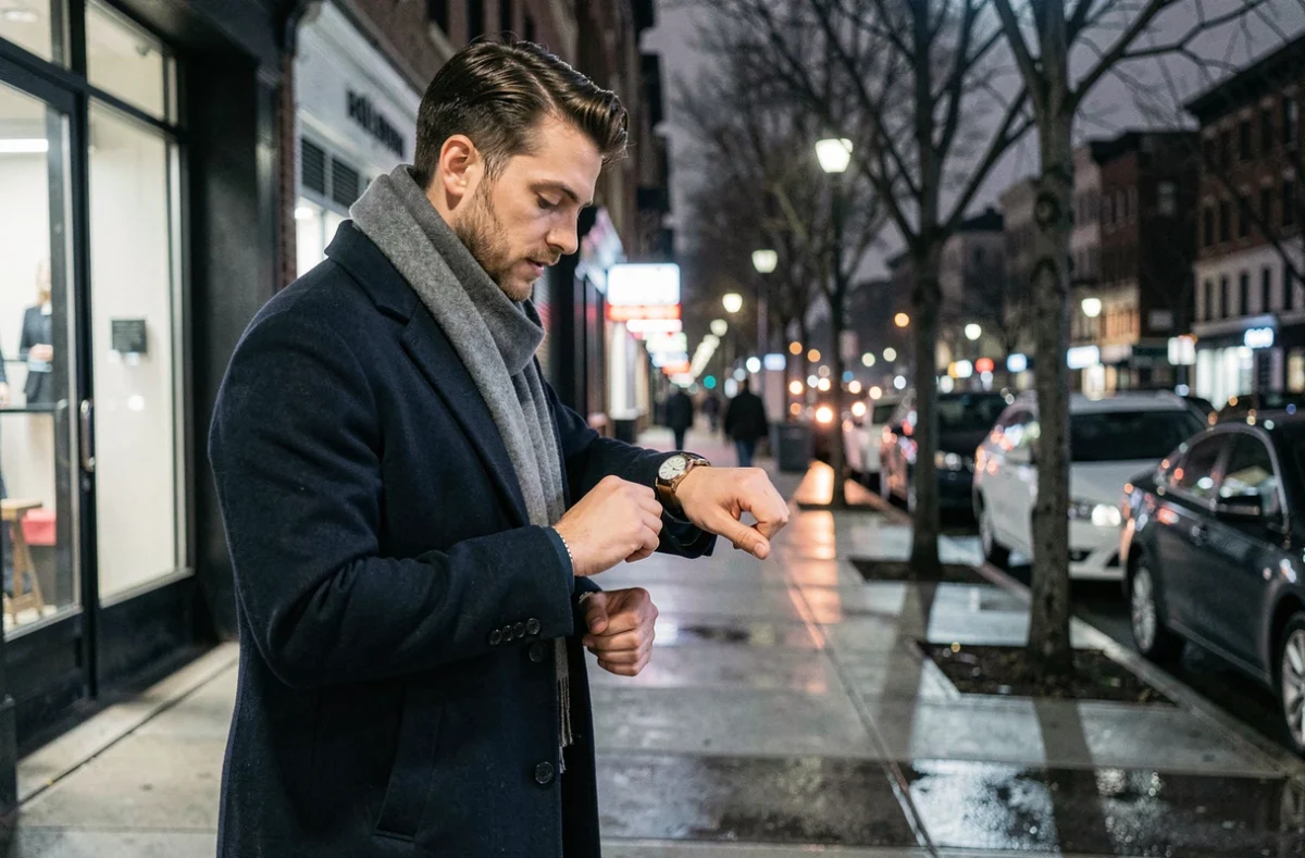 Homme en manteau regardant sa montre affichant 23h23 dans une rue urbaine nocturne, illustrant la synchronicité de l'heure miroir et son impact sur les décisions