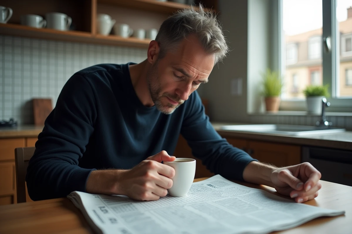 Homme concentré sur des mots croisés dans une cuisine, cherchant une capitale commençant par G dans un journal ouvert