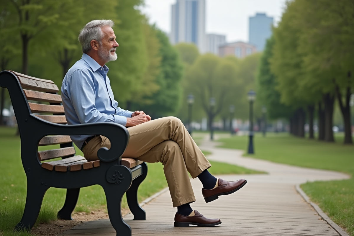 Homme mature assis dans un parc avec chino beige