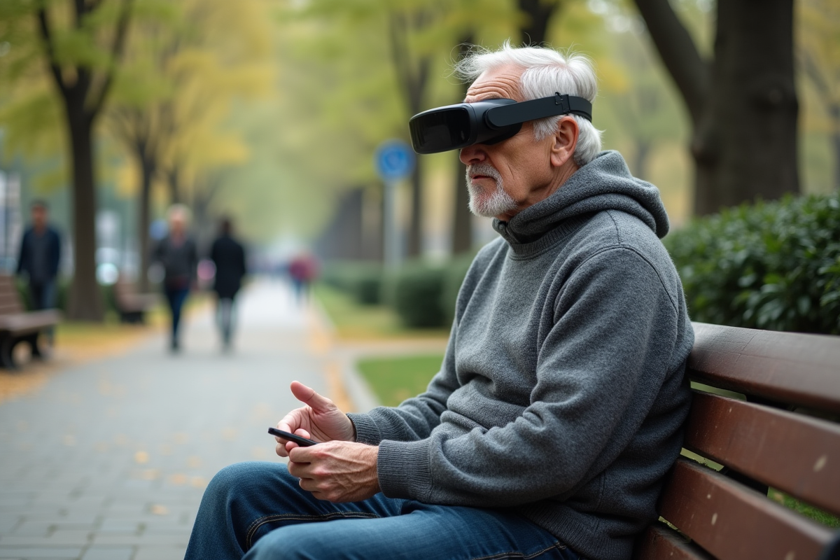 Homme d age utilisant des lunettes AR dans un parc urbain