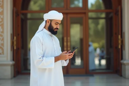 Homme musulman vérifiant l'horaire de prière à la mosquée de Douai