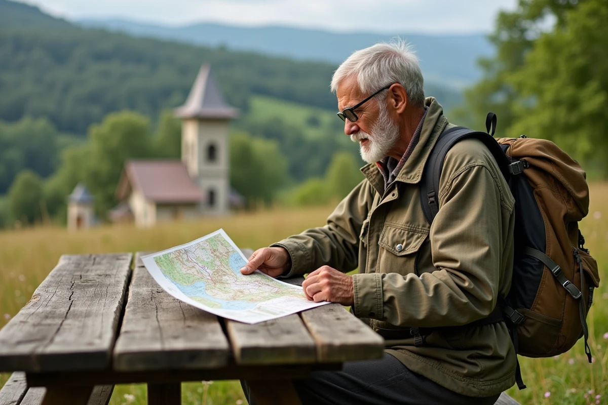 Homme age en randonnee avec carte dans la campagne
