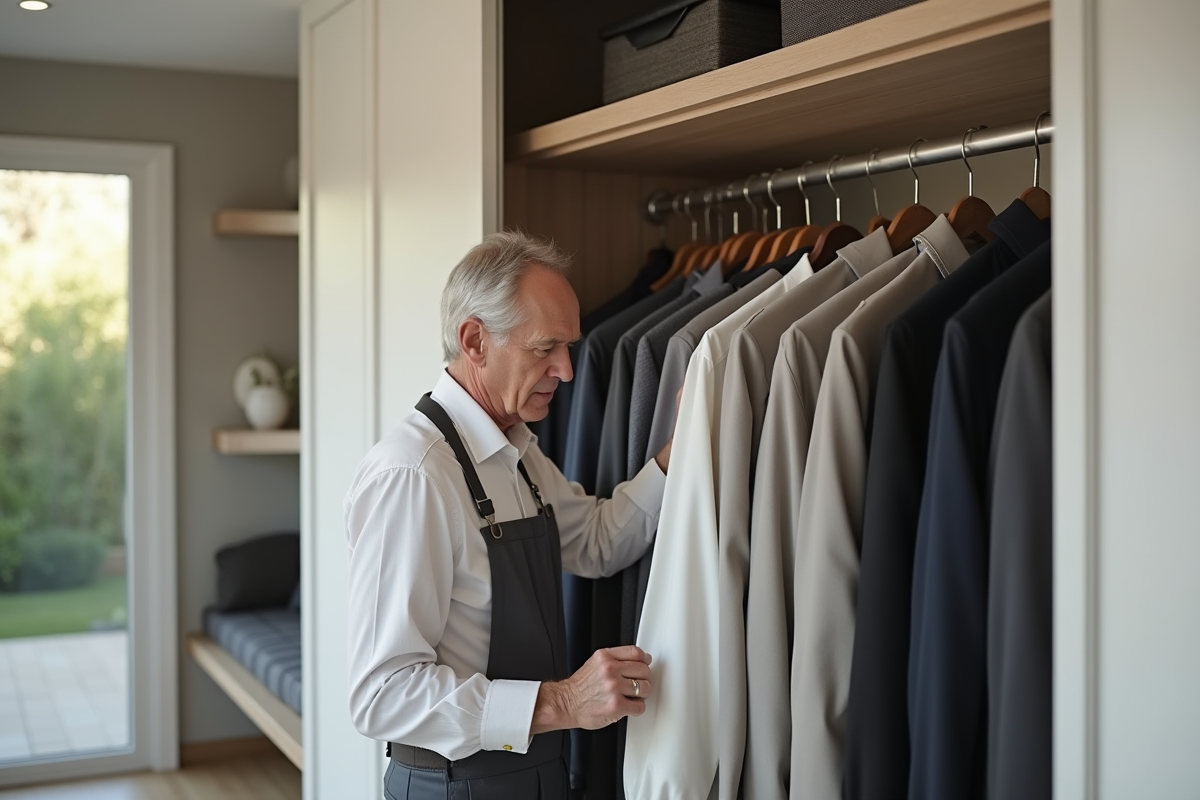 Homme range des chemises dans un placard moderne et épuré