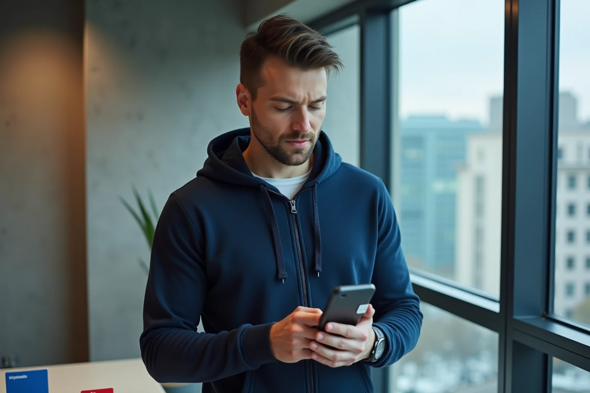 Homme utilisant son téléphone pour effectuer une recharge Lycamobile de 30 euros avec la carte SIM visible