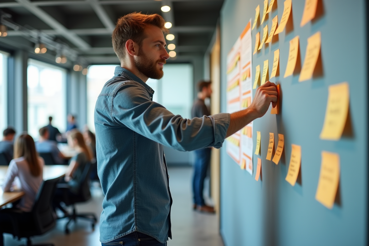 Jeune homme planifiant des tâches avec des notes dans une réunion