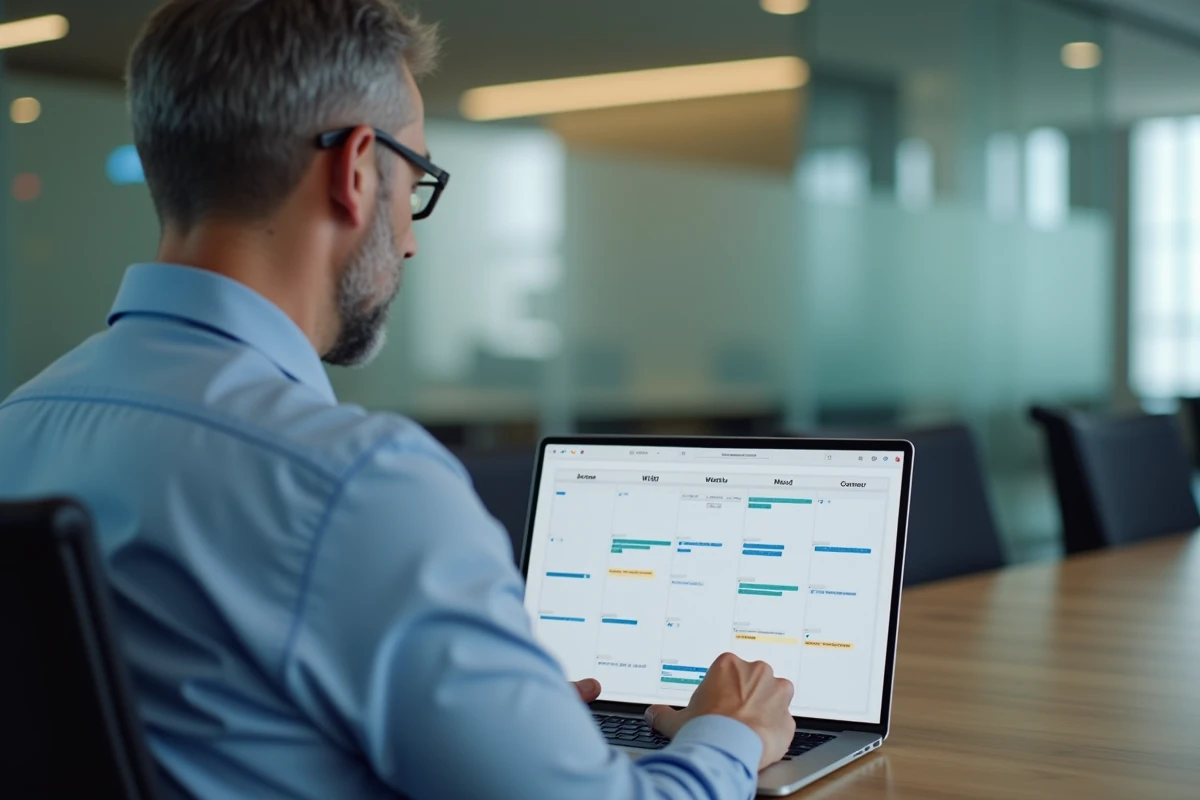 Homme d affaires examine un calendrier imprimé dans une salle de réunion