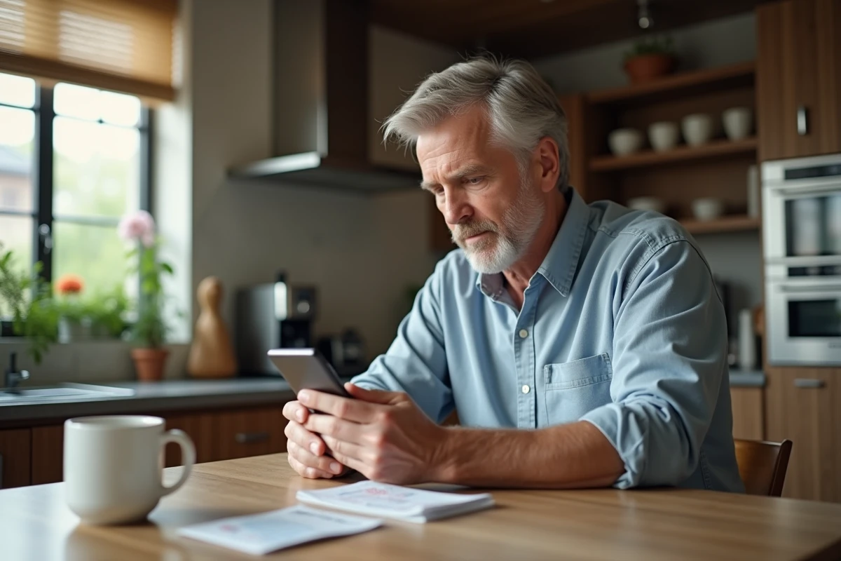 Homme d'âge moyen vérifiant les résultats Keno à la maison
