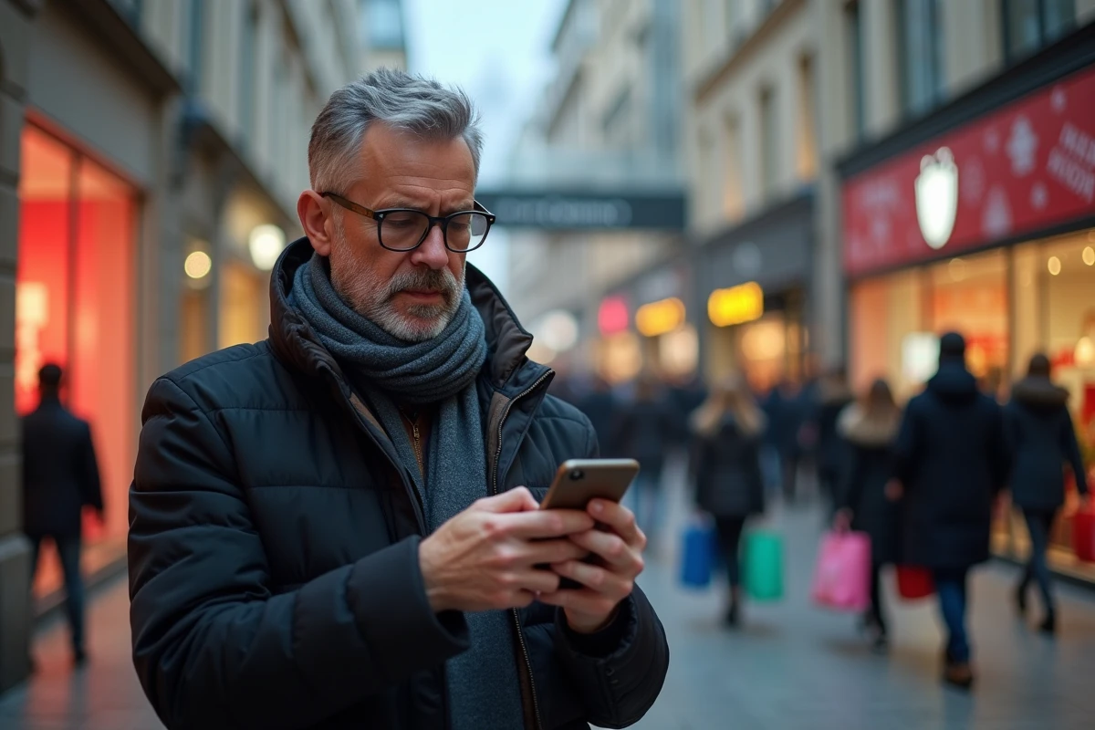 Homme fâché regardant son smartphone devant un centre commercial
